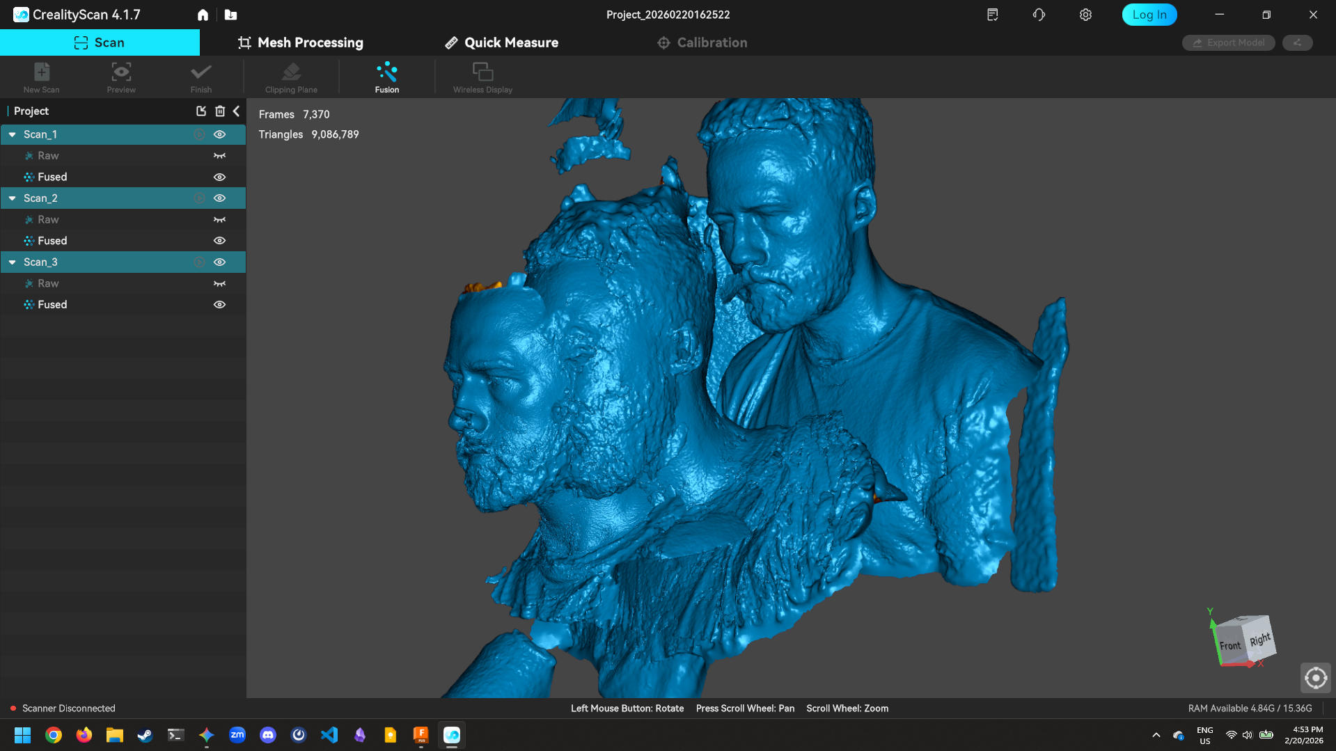 It's recommended that you take multiple scans of the same thing (in this case - that thing is me) and then you can have your scanner software align each scan and average the point cloud